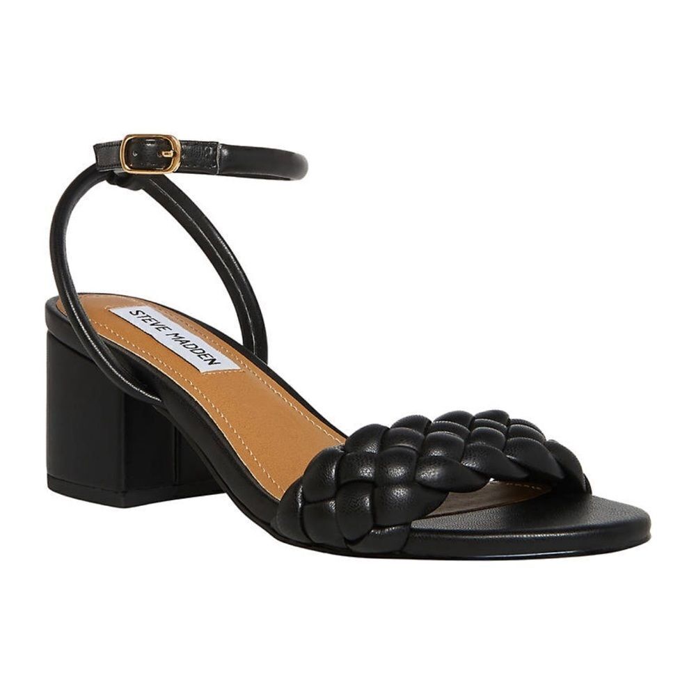 Steve Madden Black Braided Front Ankle Strap Block Heel Sandals